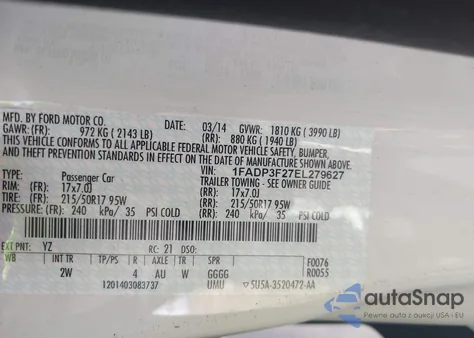 2014 Ford Focus Se из США, поврежденный, VIN 1FADP3F27EL279627